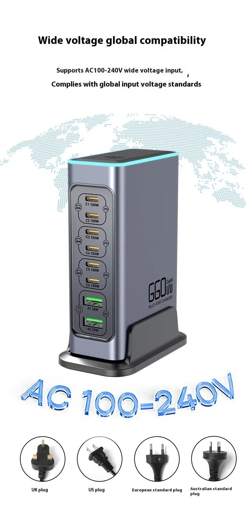 660W gallium nitride multi-port desktop charger with choice of international plug types.