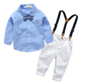 Blue boys' formal pantsuit with bib-style top, long sleeves, and a matching bow tie.