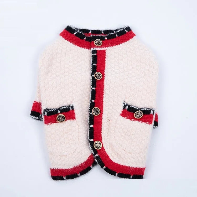 Blue knitted wool blend cardigan sweater for a dog, showing classic Bejirog style and cardigan opening.