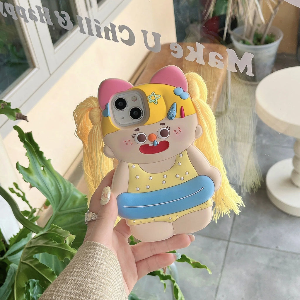 Cartoon yellow braid swim ring girl silicone anti-fall phone case for iPhone