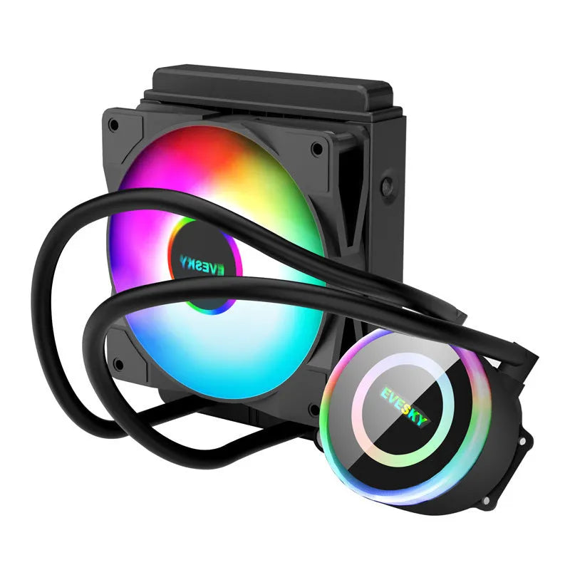 Aluminium CPU radiator with RGB fan in 120mm, 240mm, and 360mm sizes for quiet PC cooling.