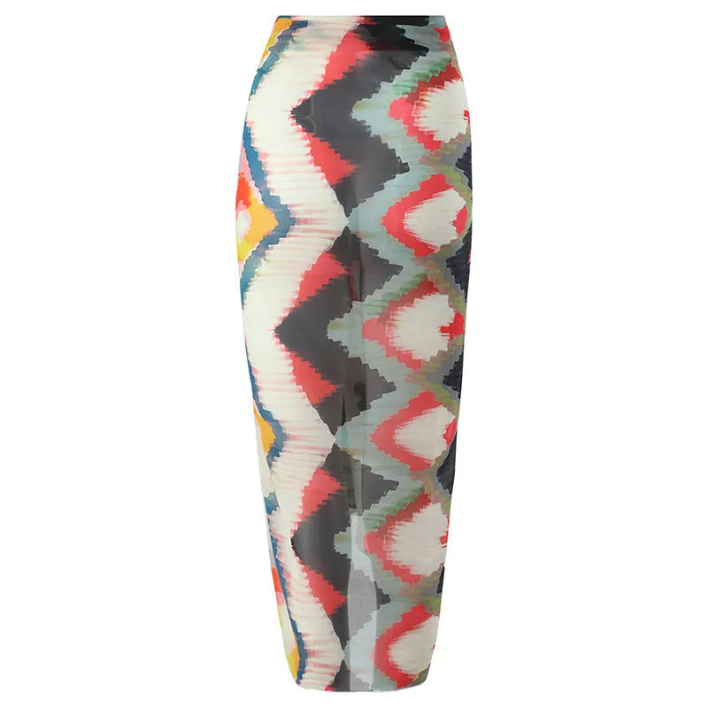 Women's two-piece polyester swimsuit set with matching hip skirt in striped gradient pattern