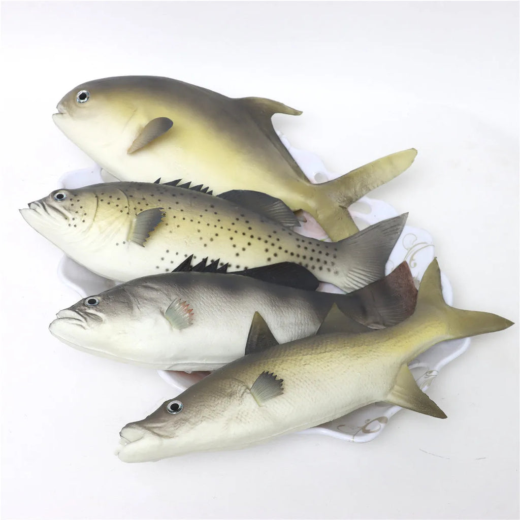 Three PU simulated tuna fish ornaments: yellow-fin tuna, yellow fin tuna, and small tuna models for marine displays