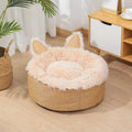 Plush faux fur circular pet bed for cats and small dogs in blue colour showing soft textured material