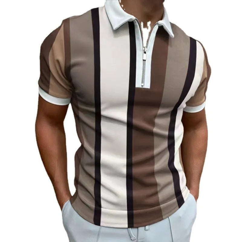 Men's striped short-sleeved polo shirt with slim lapel and zipper details, in multiple colours including white and army green