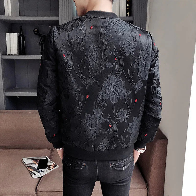 Men's Korean style pattern stand collar jacket in black, polyester fabric, long sleeves, straight hem, leisure wear