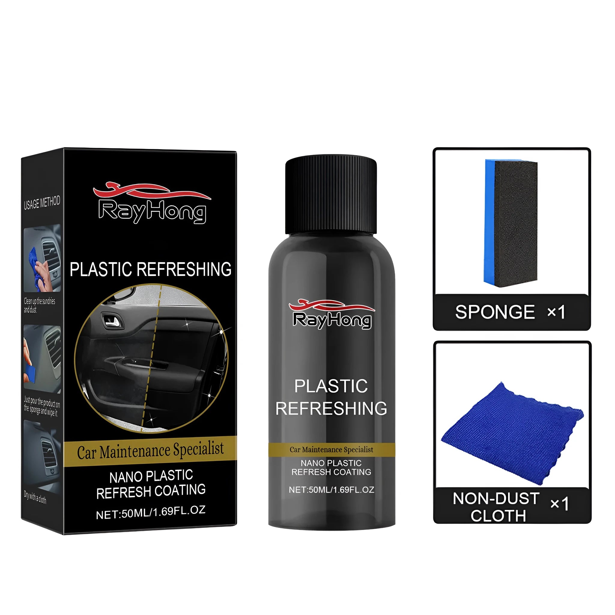 Nano plastic refresh coating kit with bottle, sponge, and microfibre towel for surface restoration.