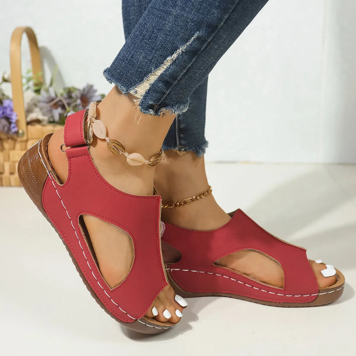 Women's plus size wedge sandal with PU upper and Velcro strap in light brown, side view
