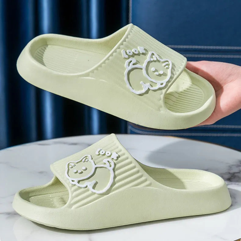 Cat-shaped thick platform EVA slippers in various colours on a non-slip sole