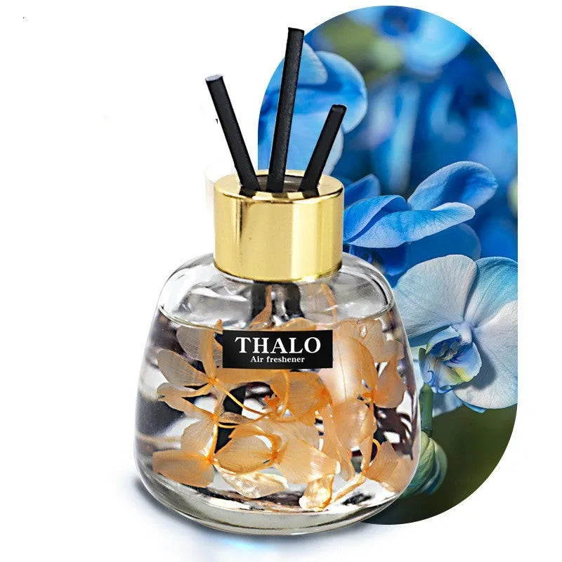 Glass bottle-shaped car perfume ornament for air freshening, shown in various colour options.