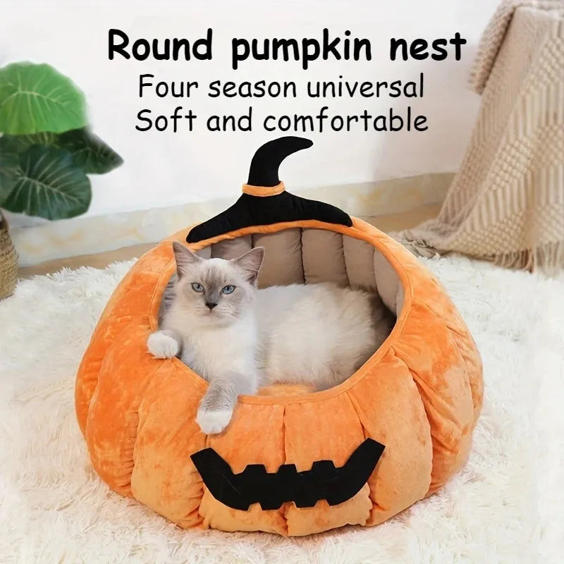 Halloween pumpkin devil design soft plush cat bed for small pets in black, orange, or pink.