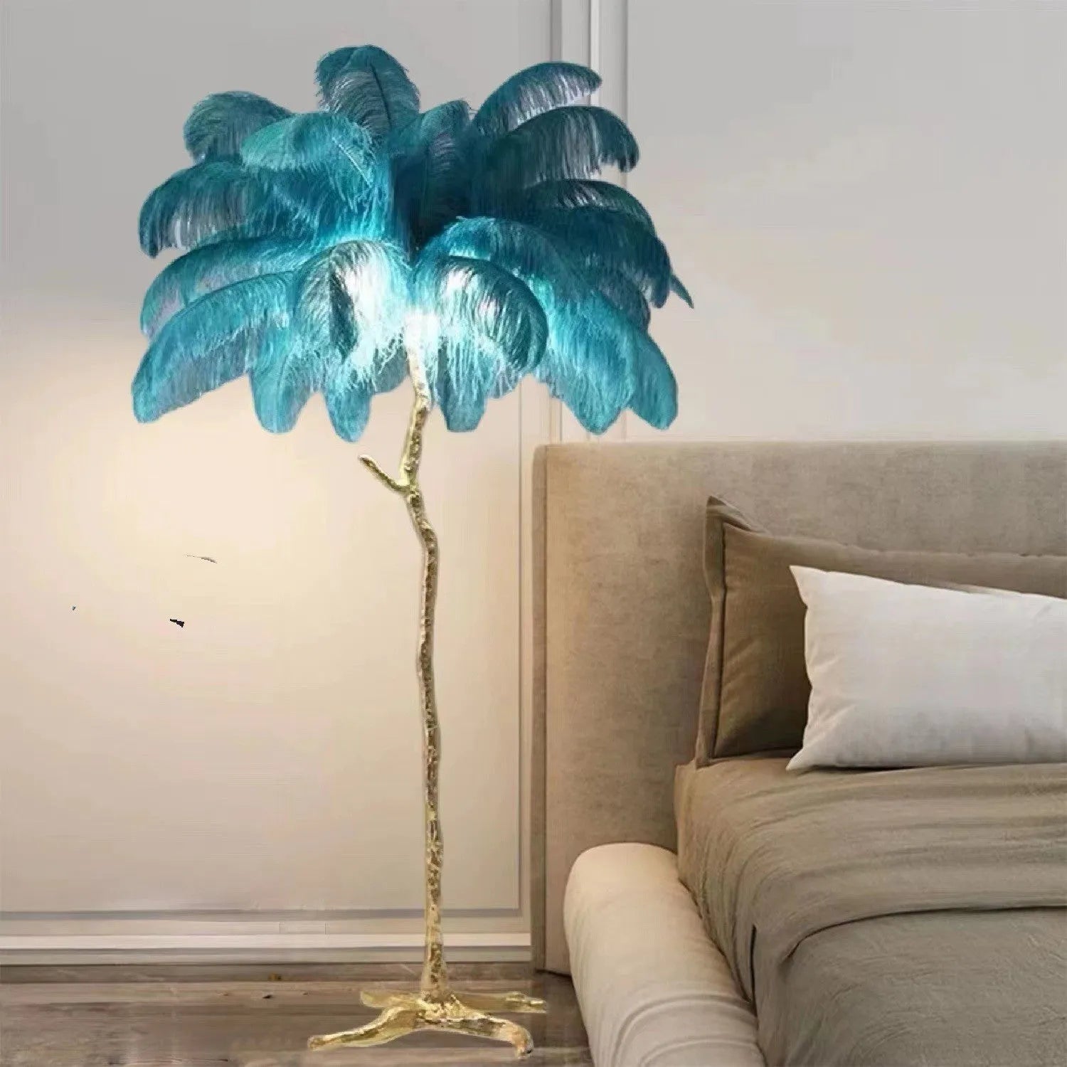 170cm tall decorative floor lamp with resin feathers in dark green, pink or white colours
