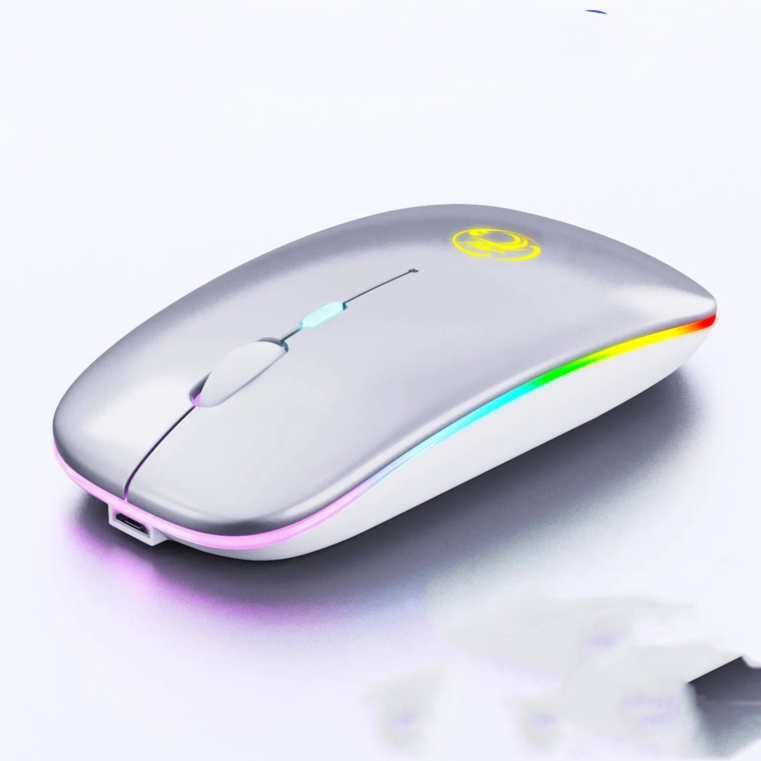 Black and white dual-mode silent wireless mouse with blue scroll wheel light, shown next to its USB charging cable.