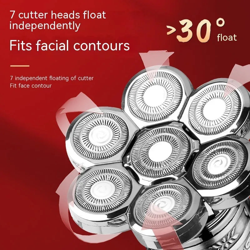 Silver black electric shaver with floating cutter head and USB cable on white background