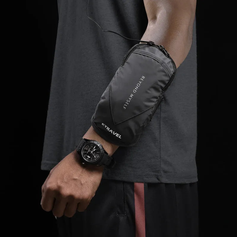 Black reflective running arm bag with adjustable strap, shown holding a large smartphone.