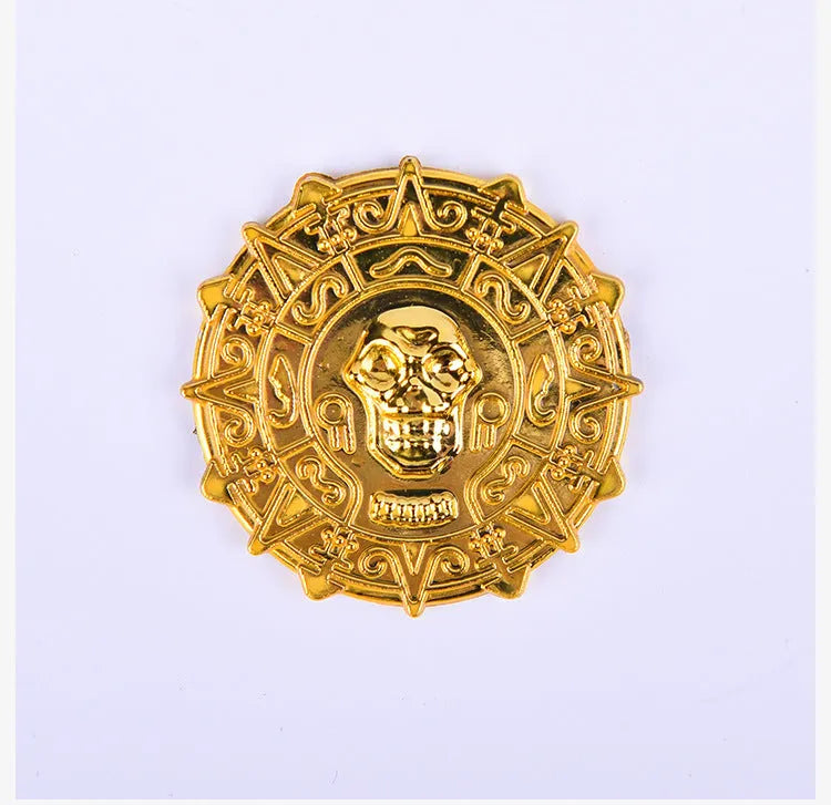 Plastic pirate gold coin toy with detailed design for Halloween dress-up costumes and pirate accessories