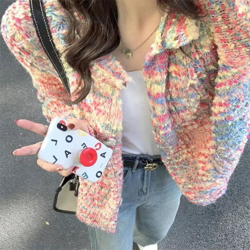 Retro slim fit knitted cardigan sweater in pink and green ice cream colours.