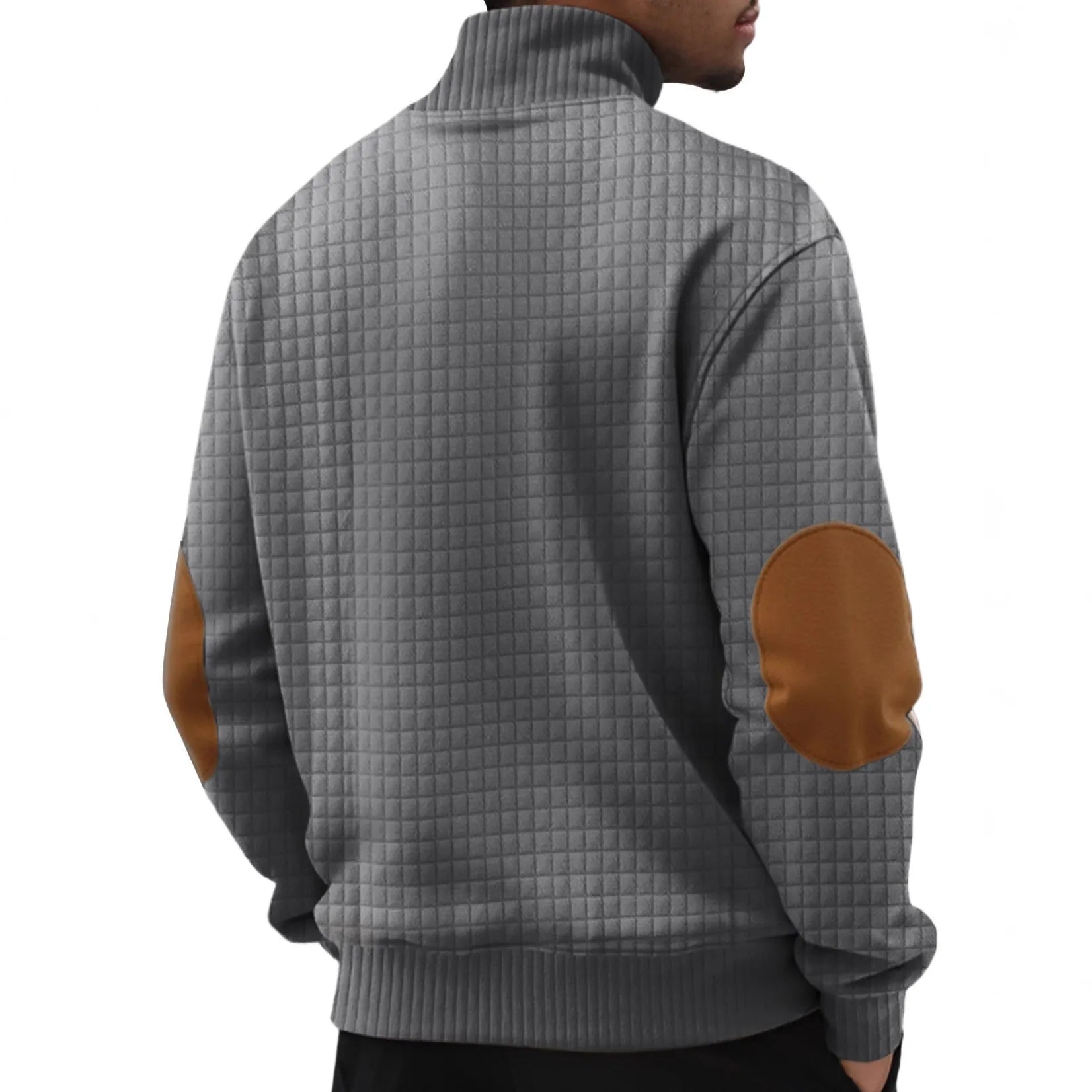 Men's casual jacquard small plaid stand collar long-sleeved sweater in khaki, polyester blend, full front view