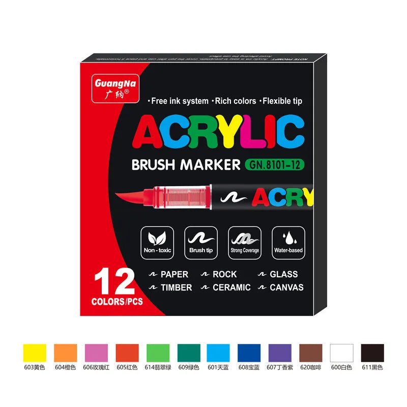 Set of straight liquid acrylic marker pens with soft heads for painting and graffiti art.