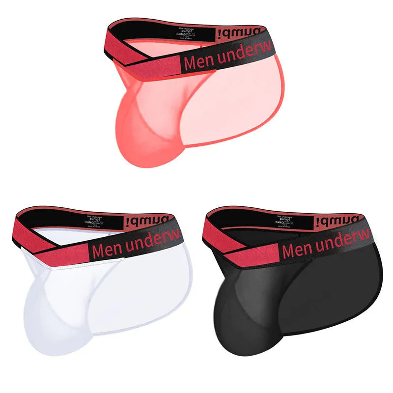 Men's transparent ice silk briefs in red, featuring a low waist and large V gradient design.
