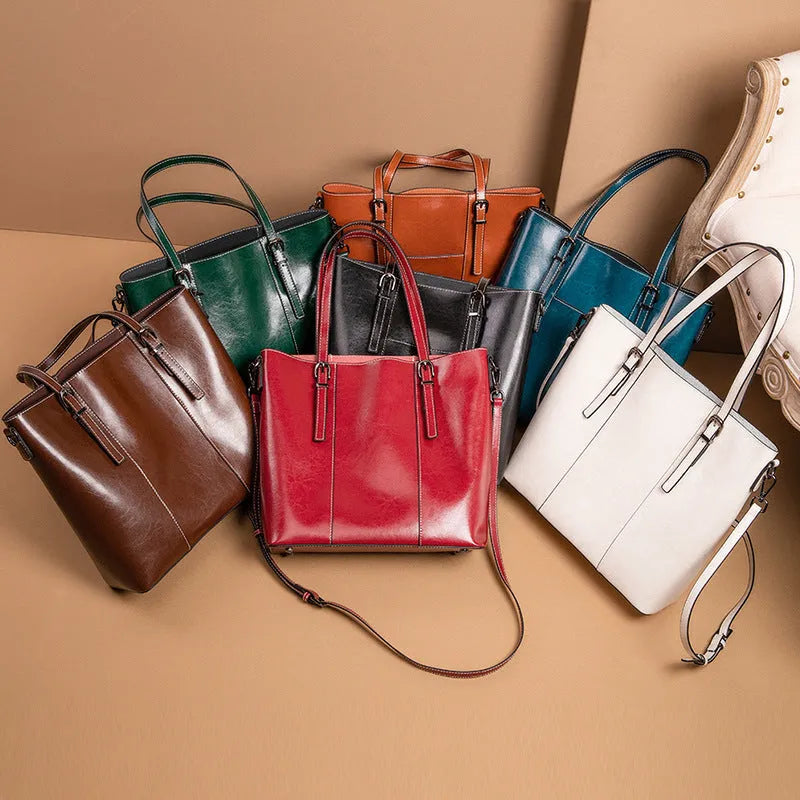 Brown genuine leather women's shoulder bag with retro styling and multiple organisational compartments