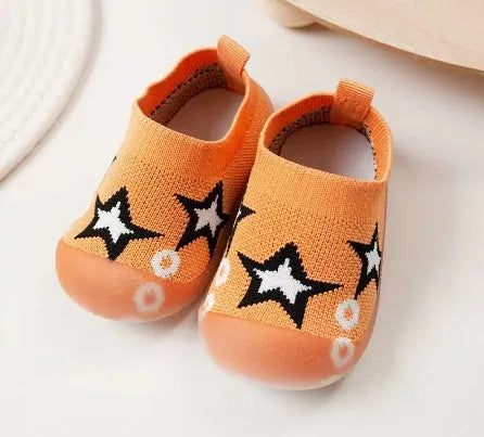 Baby soft sole non-slip walking shoes in breathable fly woven cotton cloth with natural rubber sole, multiple colours