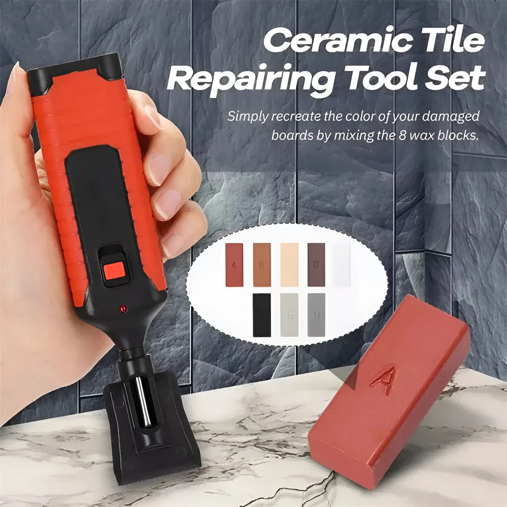 Floor repair tool with red or yellow handle and wax sticks for tile surface restoration