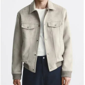 Men's suede velvet commuter jacket in British style with long sleeves