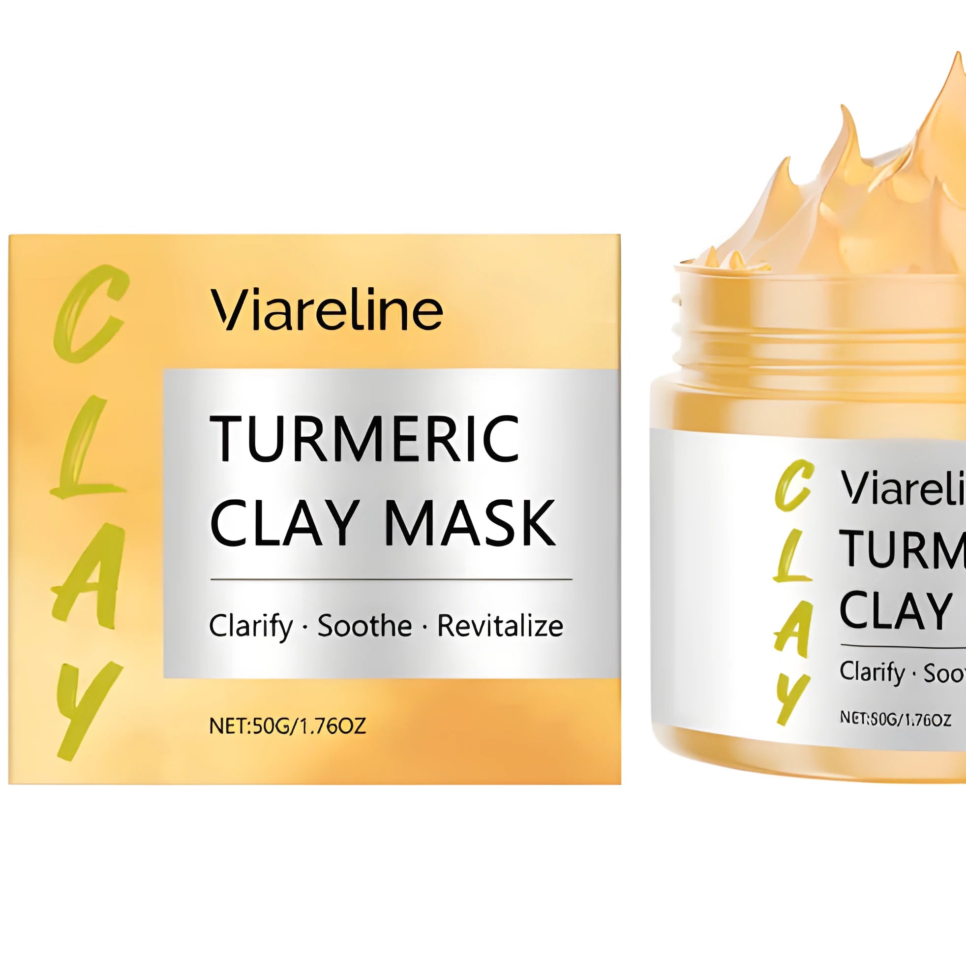 Yellow turmeric mud face mask in 50g pot with an accompanying mask brush on a white background