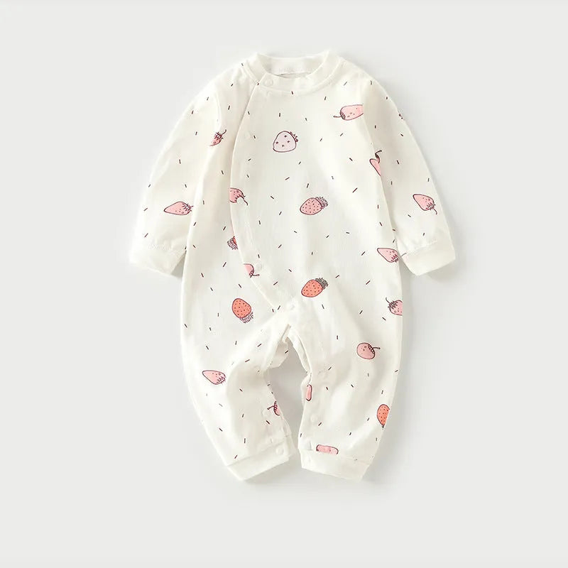Cotton baby long climb pajamas in a colourful print, shown laid flat, suitable for spring and autumn.
