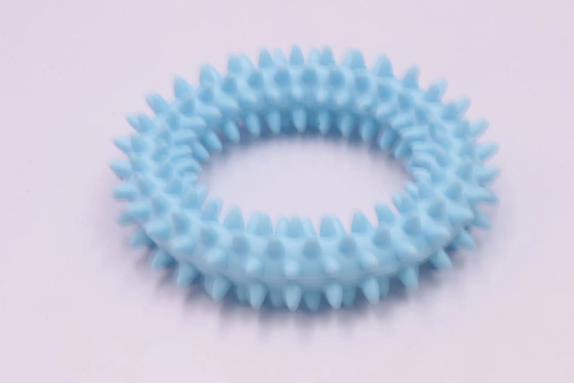 Blue TPR spiky circle ring dog chew toy for teeth cleaning on a white background.