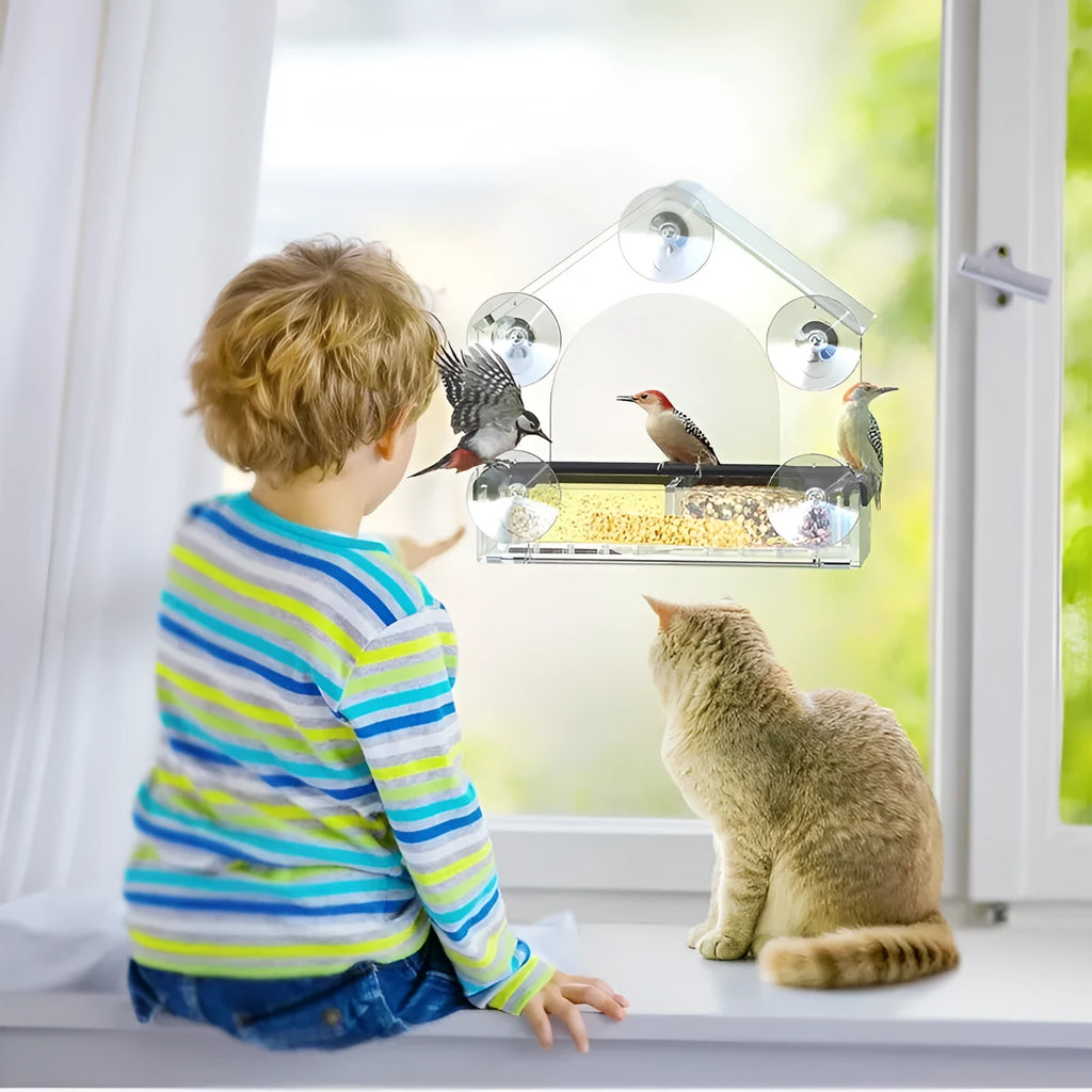 Transparent acrylic wall-mounted bird feeder with single feeding port and clear view of interior