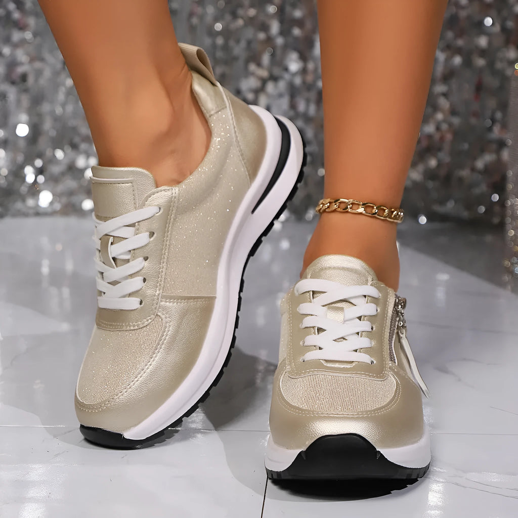 Flat bottom round head lace-up women's pumps in gold, silver, black, and brown colours