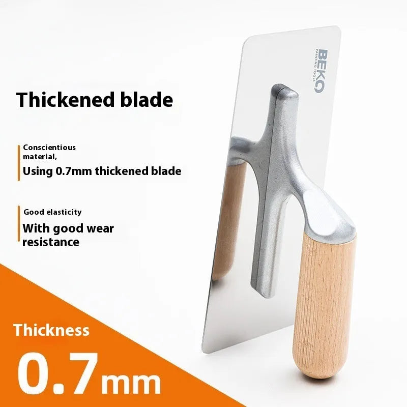 Stainless steel putty scraper with wooden handle showing three blade size options for decorative floor and wall work