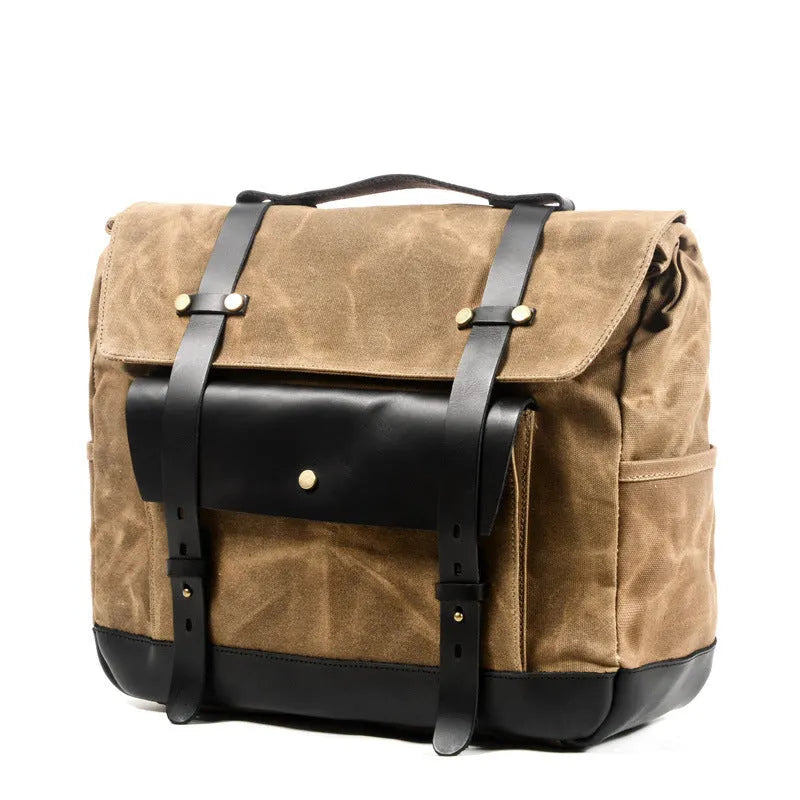 Camel Bag Knight retro cotton messenger bag showing 40cm size and internal organiser pockets