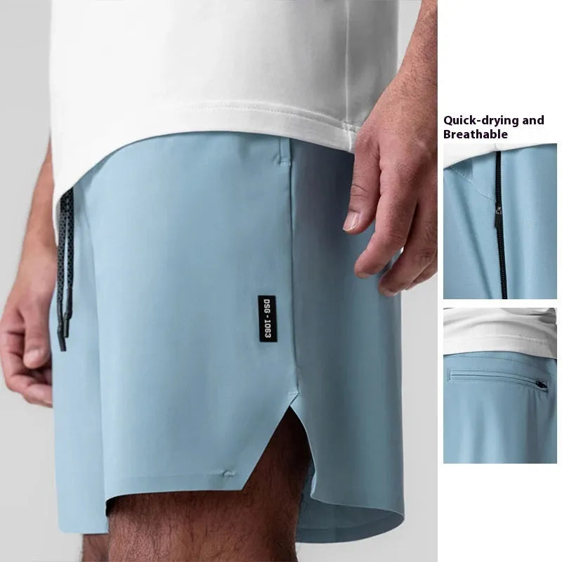 Men's grey seamless sports shorts with a straight leg and knee-length cut for summer athletics.