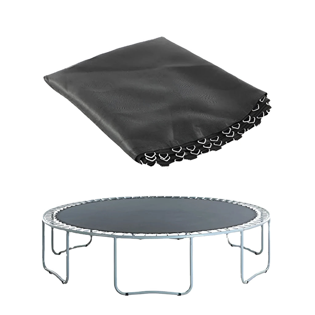 Round white trampoline elastic fabric with multiple button attachments for safety net repair.