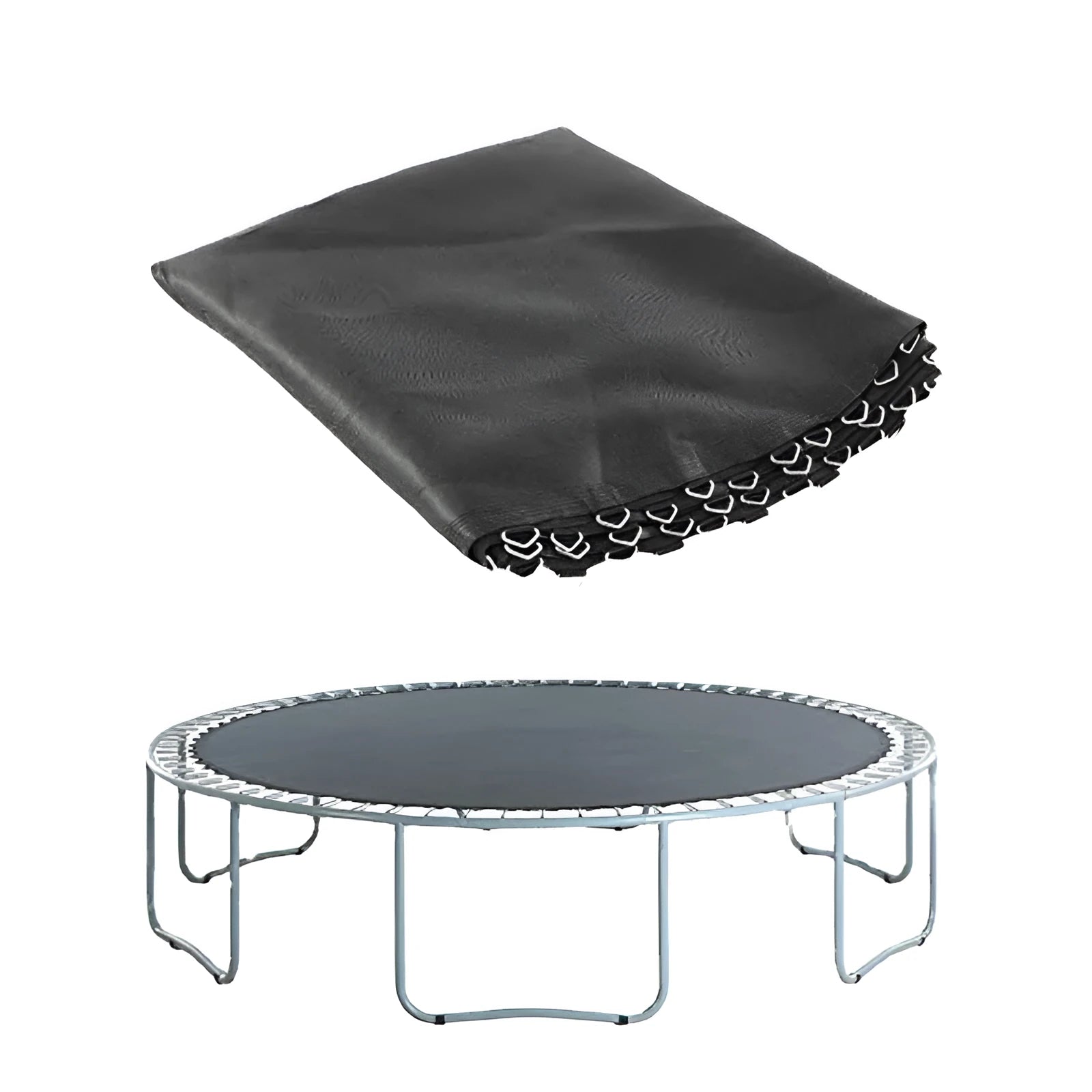 Round white trampoline elastic fabric with multiple button attachments for safety net repair.