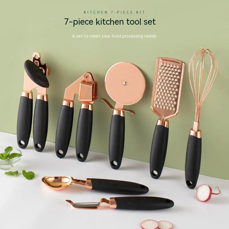 Seven-piece kitchen utensil set with stainless steel blades and copper-plated handles in multiple colour options
