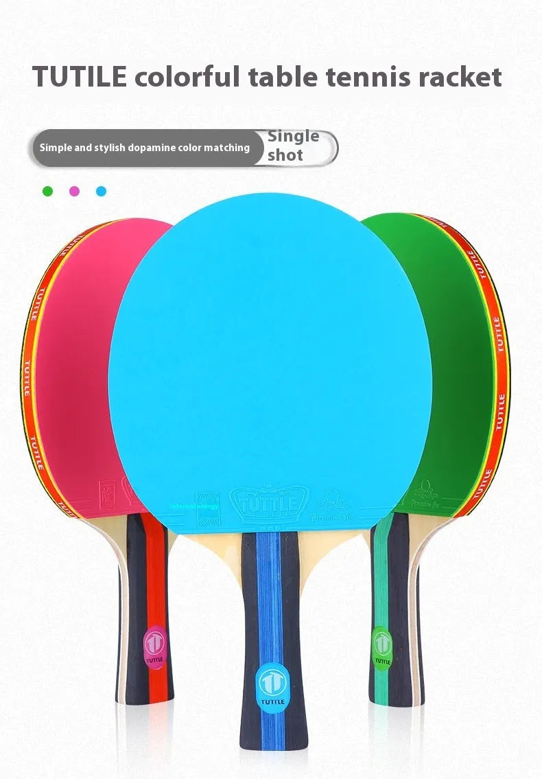 Colourful wood table tennis racket with shakehand grip and matching protective racket bag.