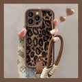 Brown leopard print silicone phone case with attached lanyard for iPhone models