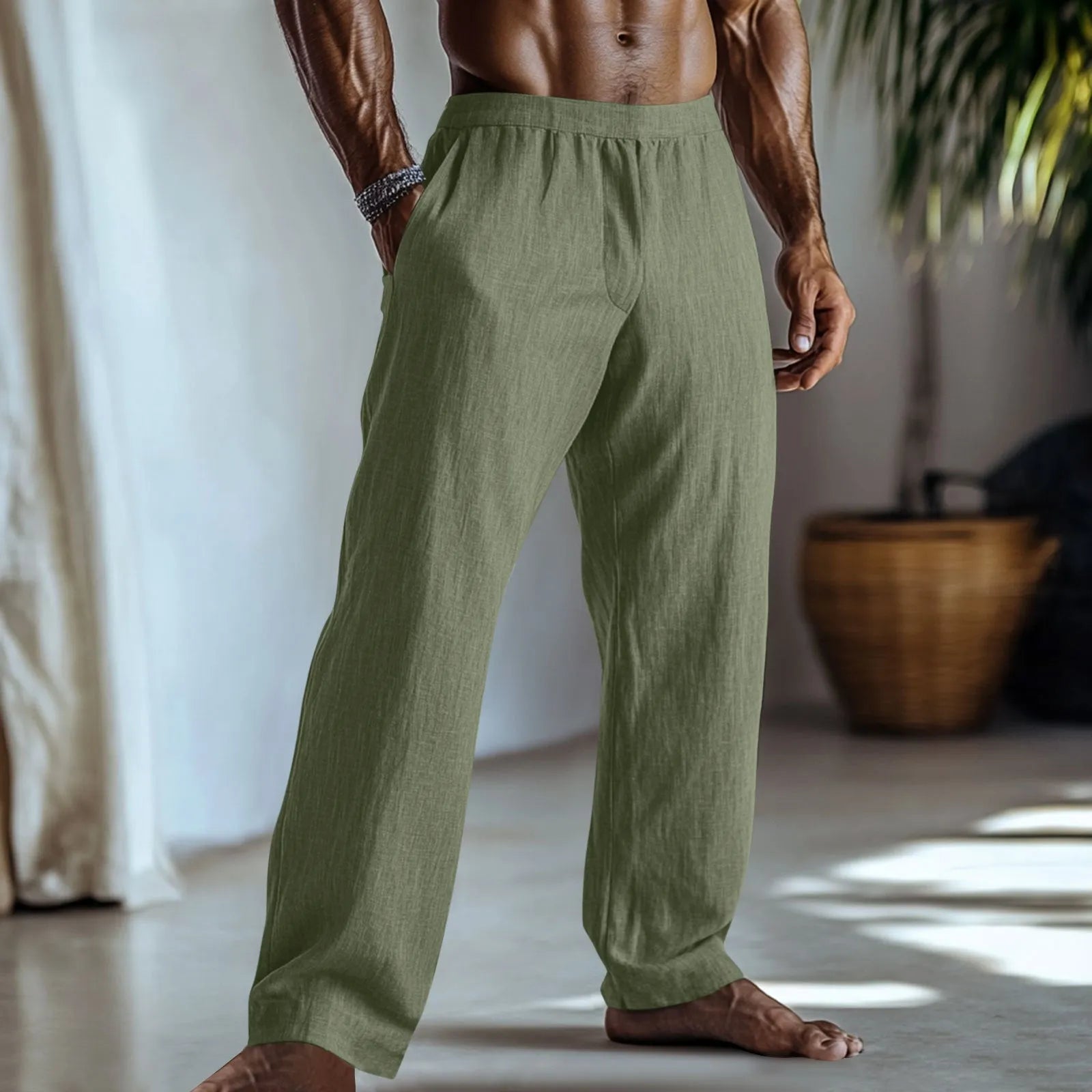Straight leg casual trousers in a cotton linen blend, shown in one of seven available solid colours.