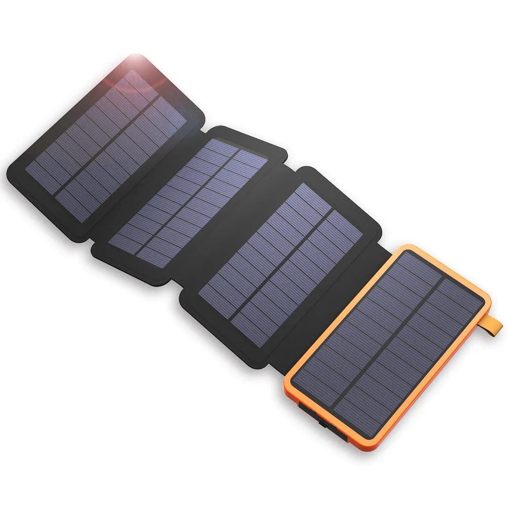 Black outdoor solar power bank with leather finish, showing solar panel and USB ports, next to a charging cable.