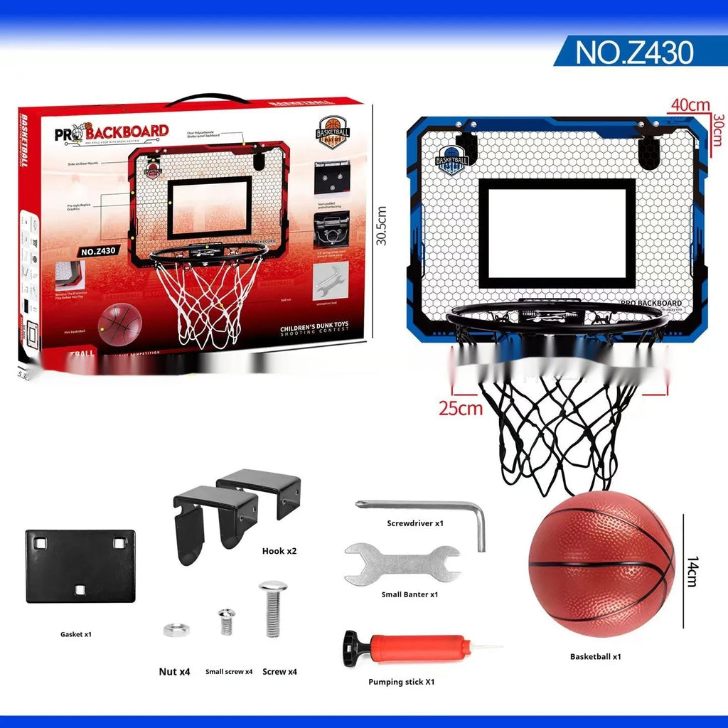 Red and blue folding basketball frame with suction cups, shown as dunk scorer and ball rack.