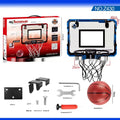 Red and blue folding basketball frame with suction cups, shown as dunk scorer and ball rack.