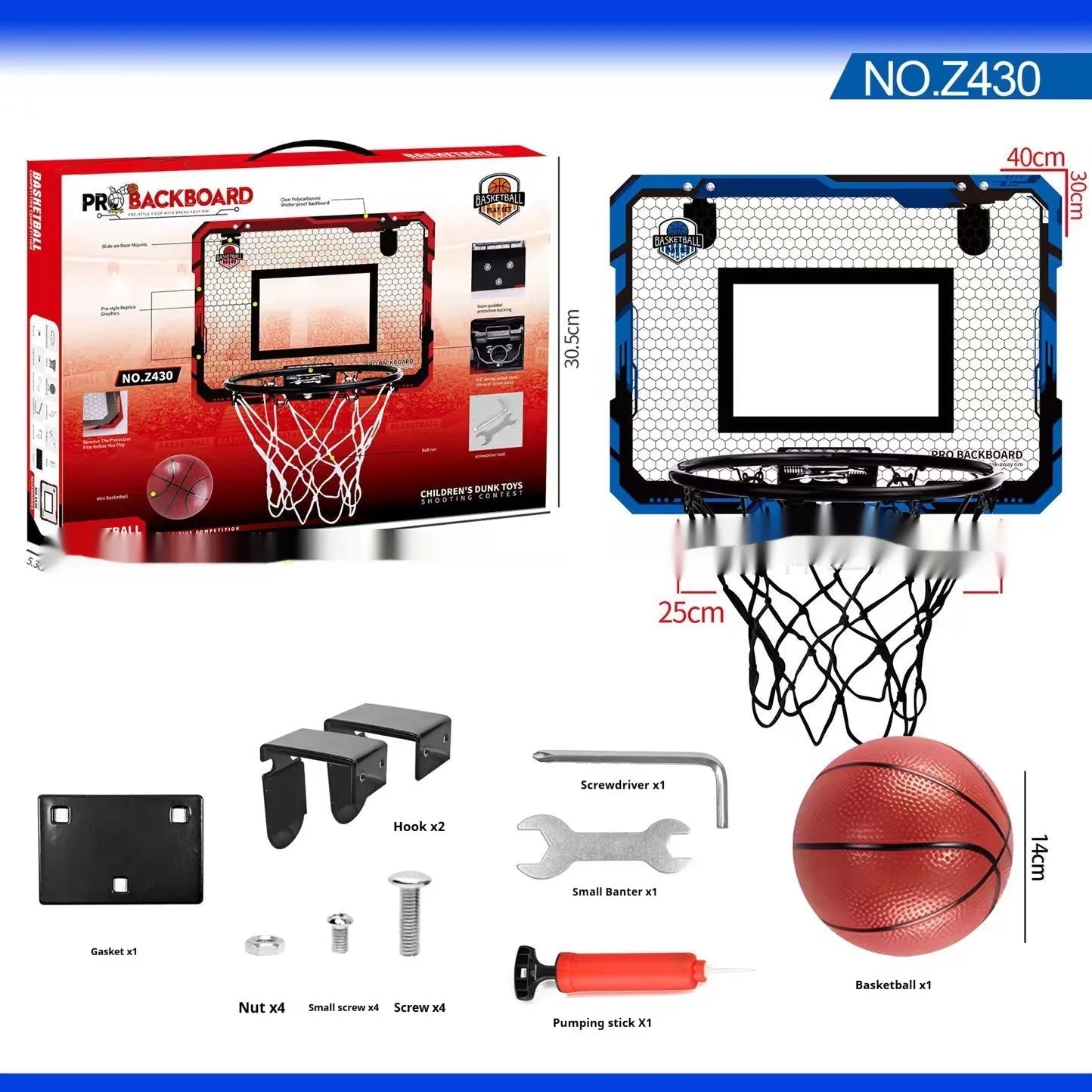 Red and blue folding basketball frame with suction cups, shown as dunk scorer and ball rack.