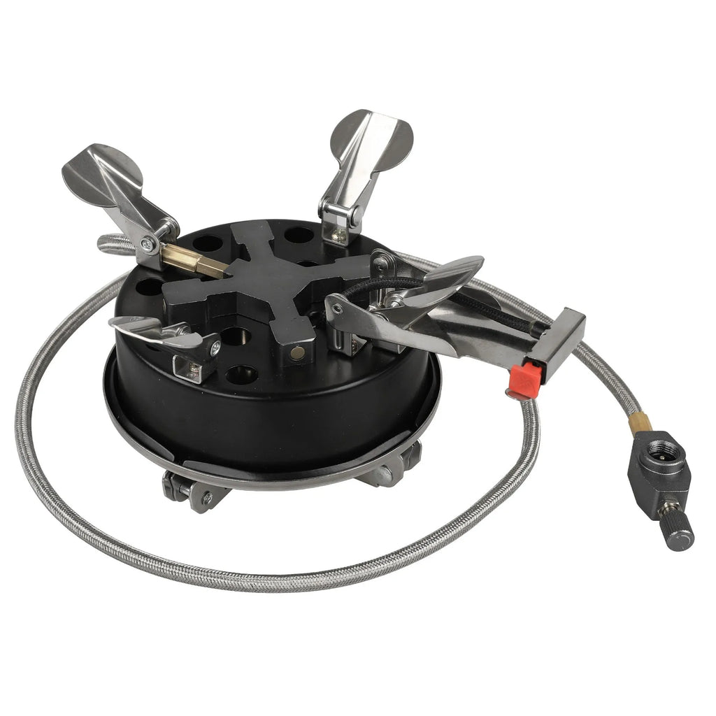 Silver stainless steel split camping stove with folded legs and a coiled 100cm fuel hose, shown next to a ruler showing 155mm length.