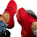 Women's solid colour lace-up flying knitted platform sneakers for outdoor walking, breathable mesh upper