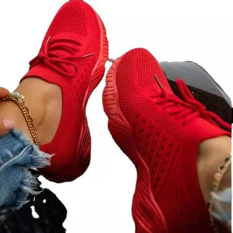 Women's solid colour lace-up flying knitted platform sneakers for outdoor walking, breathable mesh upper