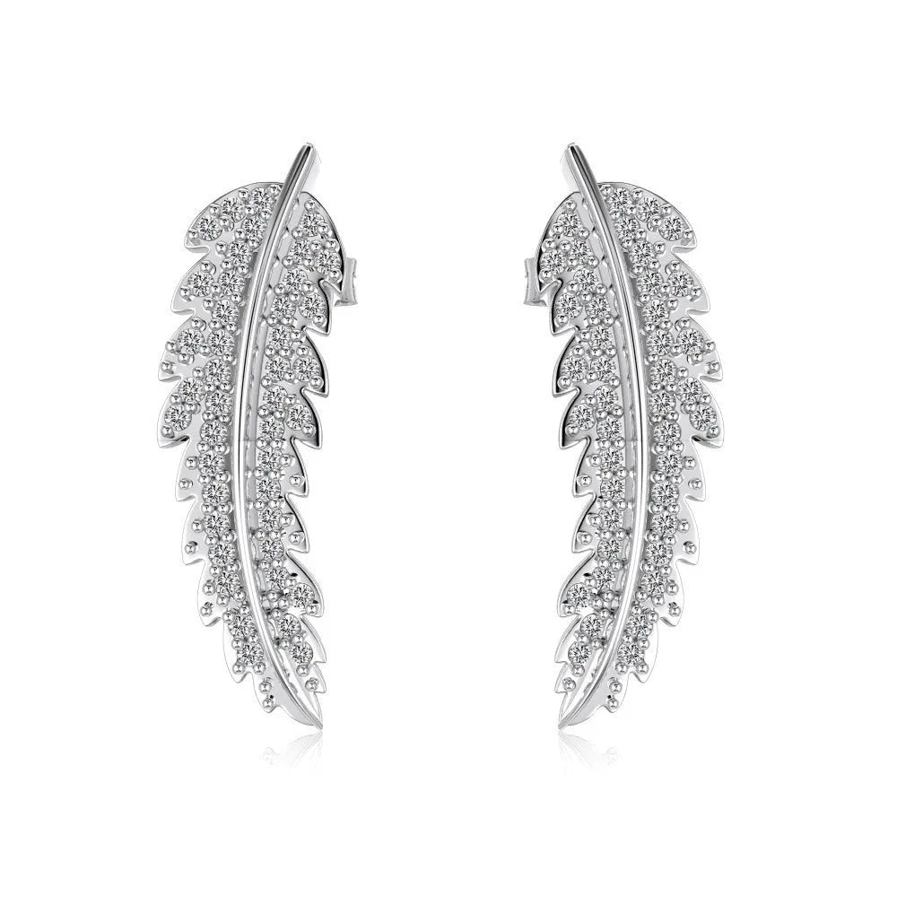 Leaf-shaped zircon inlaid S925 sterling silver stud earrings in gold colour on white background